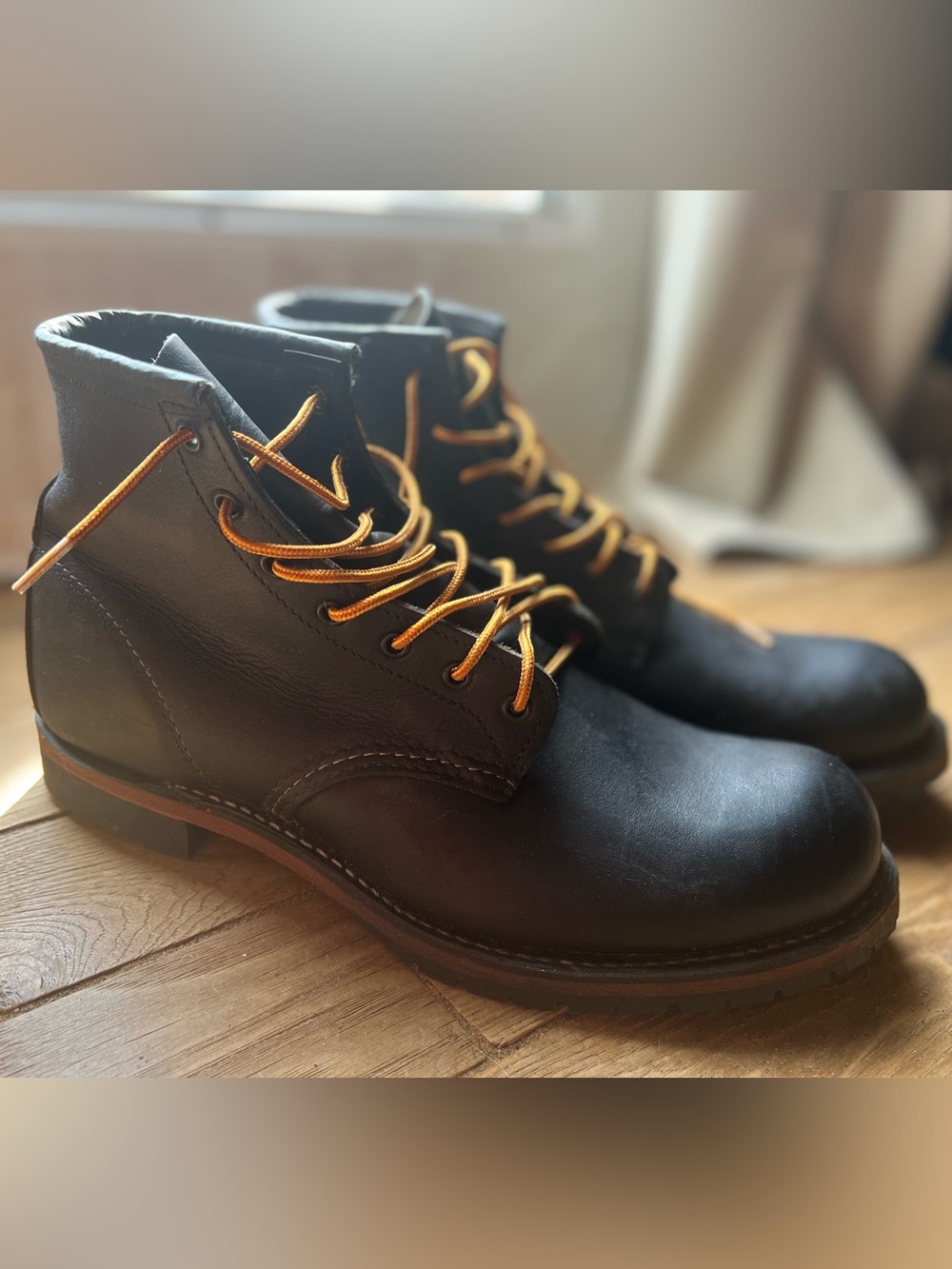 Red Wing Beckman 9014 Black Leather Work Boots with Yellow Laces